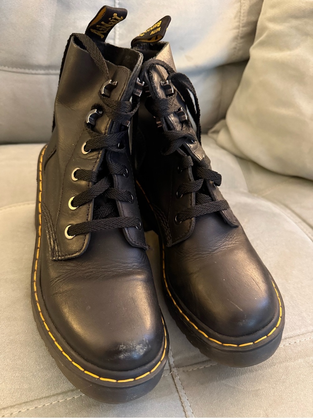Dr. Martens Black Leather Lace-Up Boots with Yellow Welt Stitching
